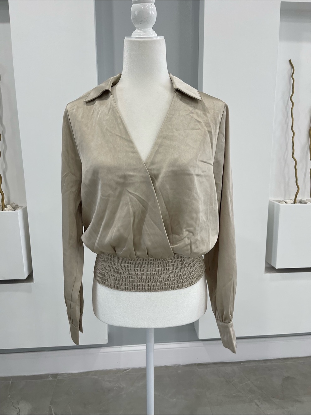 Tracy Evans Taupe Wrap-Front Smocked Waist Blouse